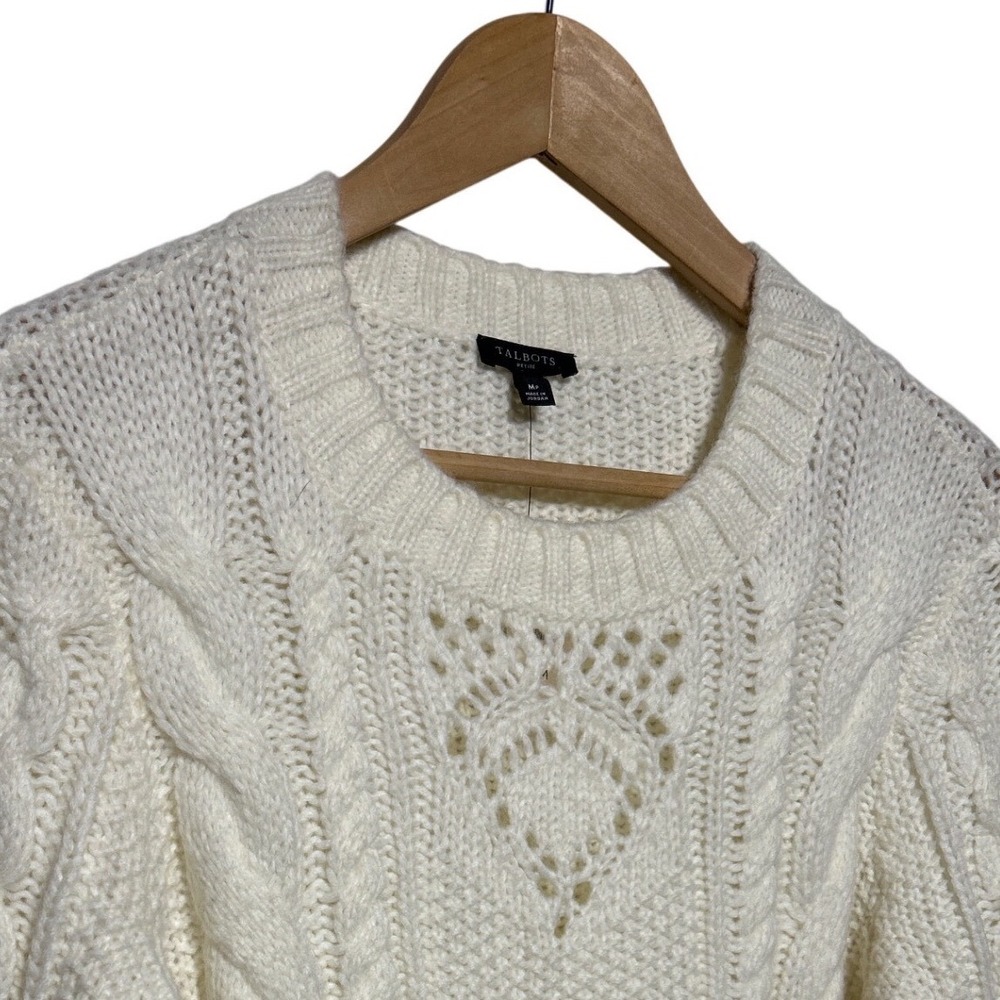 Talbots Pointelle Cable Knit Crew Neck Sweater Ivory Sz Petite M Retail: $99 NWT